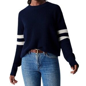 Faherty Midnight Blue and Ivory Striped Crew Neck Sweater
